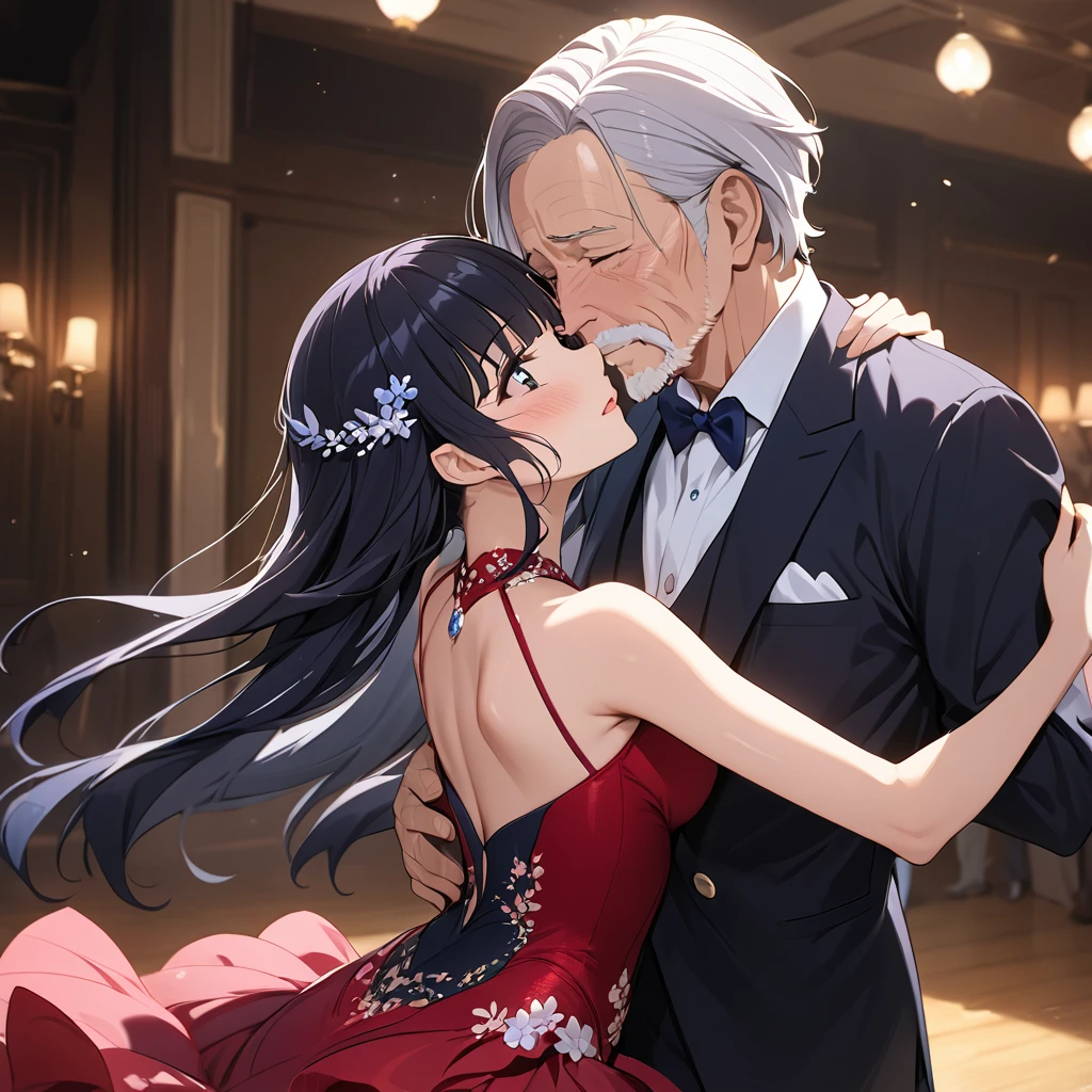 ((Highest quality)), ((masterpiece)), (detailed), (Perfect Face)、The woman is Reika Aoki with semi-long hair、The woman is wearing a beautiful, gorgeous tango costume, dancing passionately with an old man while kissing him, and the man proposes to her.