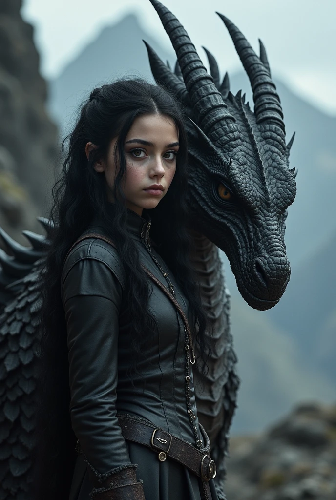 Ultra wide shot,sci-fi movie style,photorealistic,soft low contrast,soft cold lighting,beautiful girl,n3ry,21 yo,futuristic black armored clothing,mechanical dragon behind her,fearless impression,full lips,long curly dark hair,looking on sunrise,starship in the sky,beautiful detailed face,perfect hands,small breasts,<lora:Marina_N3ry_XL:0.9>,n3ry,