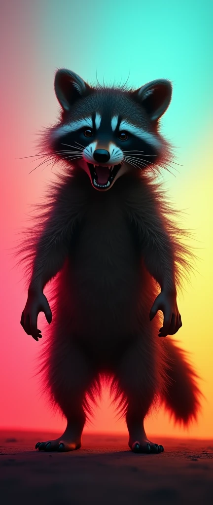 A photo of a half raccoon and half extra fluffy baby realistic raccoon. The raccoon is growling and has a silhouette. The background is a gradient of solid colors. The image has multiple exposure.