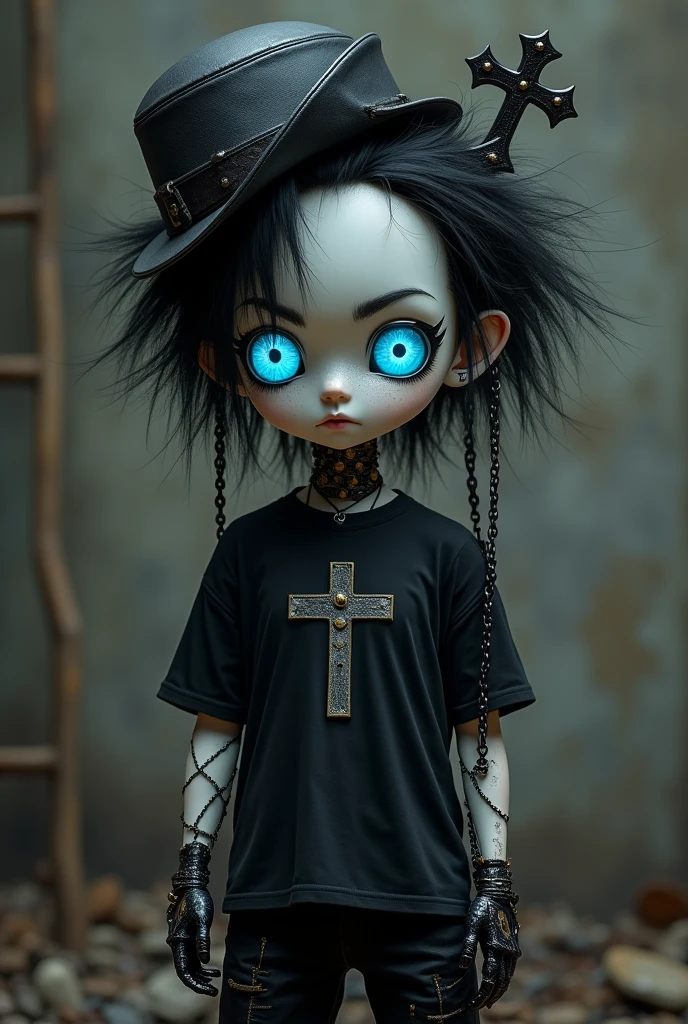 Robot head white blue eyes black hair messy hair black black hat with Cross in left black tshirt with chain left and right black pants chain choes black