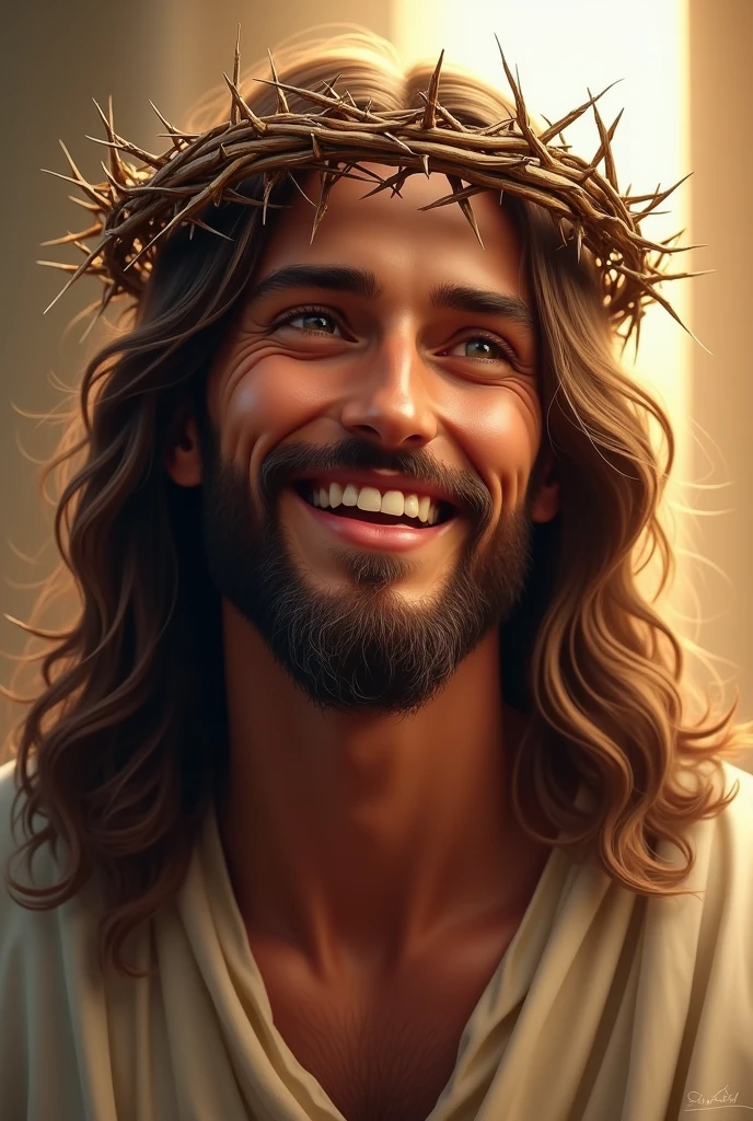 A detailed, realistic image of Jesus Christ smiling warmly while wearing a crown of thorns. Despite the crown, his expression is peaceful and full of compassion, conveying a sense of divine love and forgiveness. His eyes are gentle, and his long, wavy hair falls over his shoulders. The crown of thorns is depicted with intricate detail, but it does not detract from the kindness in his expression. The background is soft and serene, with a warm light surrounding him, emphasizing the sacred and hopeful mood of the scene.