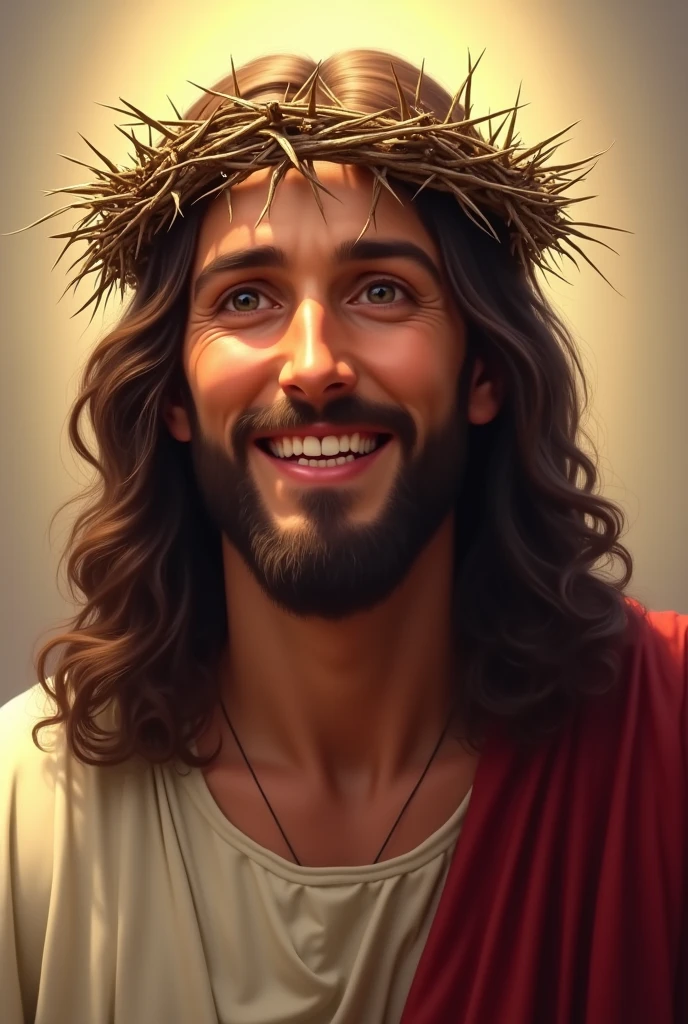 A detailed, realistic image of Jesus Christ smiling warmly while wearing a crown of thorns. Despite the crown, his expression is peaceful and full of compassion, conveying a sense of divine love and forgiveness. His eyes are gentle, and his long, wavy hair falls over his shoulders. The crown of thorns is depicted with intricate detail, but it does not detract from the kindness in his expression. The background is soft and serene, with a warm light surrounding him, emphasizing the sacred and hopeful mood of the scene.