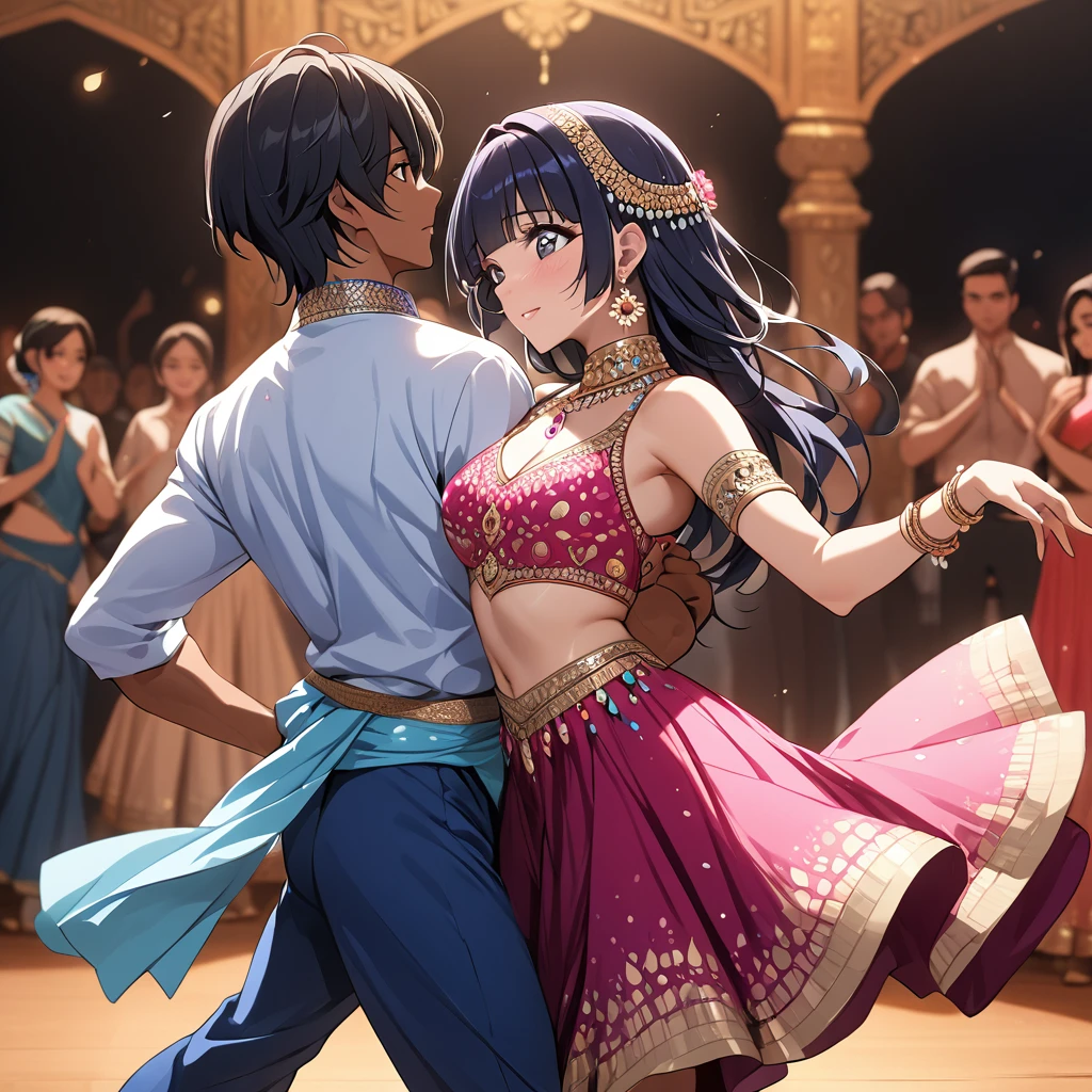 ((Highest quality)), ((masterpiece)), (detailed), （Perfect Face）、The woman is Reika Aoki, an Indian with dark skin and semi-long hair.、A woman is wearing a Bollywood dance costume in India and dancing beautifully Bollywood dance with a man