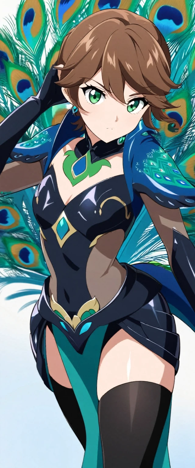 In anime style. A teenage girl, holder of a peacock miraculous. She has brown hair and green eyes. Her superhero costume is sexy and practical. She has Black stockings and dark blue "armor" protecting her torso. She has a peacock like tail and flowy sleeves. 