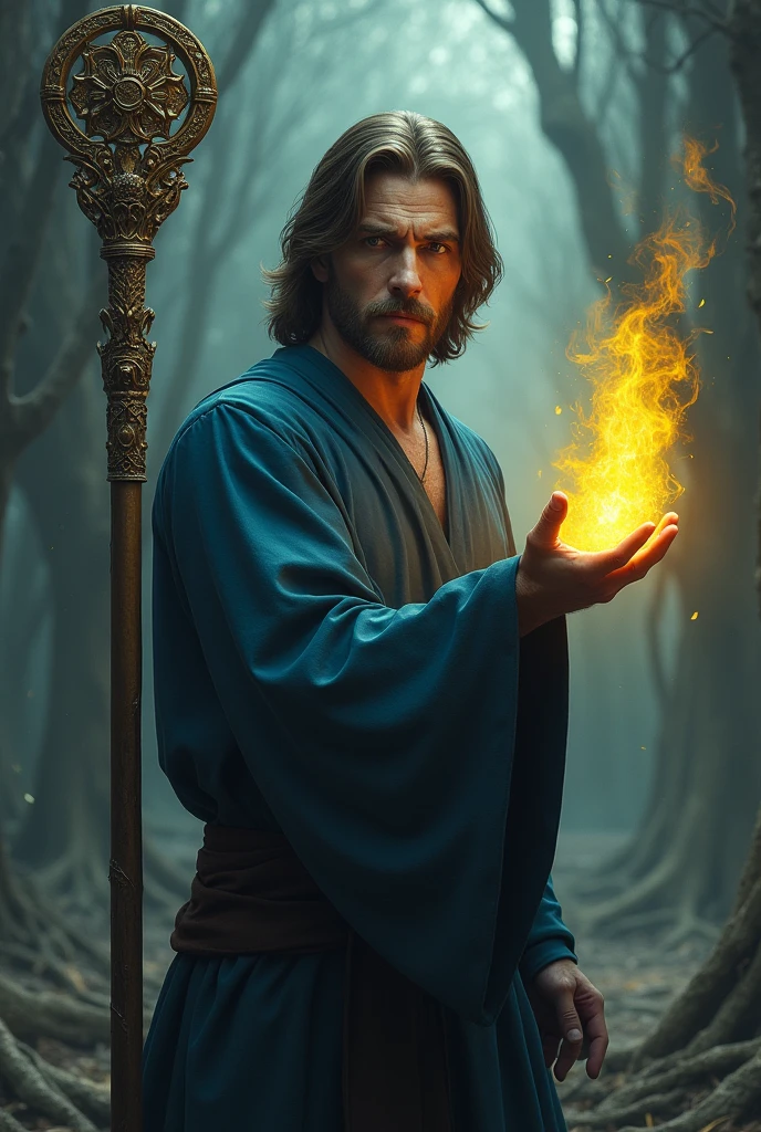 Hellish scene, ultra detailed, hyper realistic, man, normal human, blue tunic, holding intricate staff, yellow magic in his other hand, serious look, shoulder length brown hair, facing me, guide