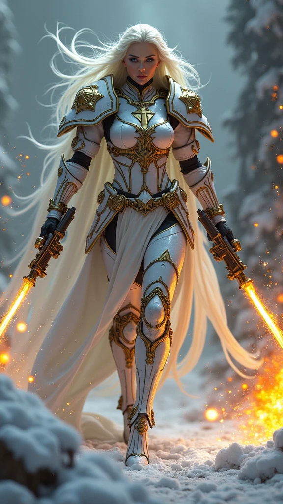 a beautiful woman with long platinum blonde hair, porcelain skin, ice blue eyes, sexy sisters of battle from the warhammer 40k, shooting at the enemy, frosty white space marine armor with intricate details and glowing religous symbols, sisters of battle, Adepta Sororitas, warhammer 40k, Massive silicone breast, pale skin, seductive, temptation, eat your soul, clevage, , standing in a magical winter wonderland with snow-covered trees and frozen lakes, intricate ice crystals and snowflakes surrounding her, (best quality,4k,8k,highres,masterpiece:1.2),ultra-detailed,(realistic,photorealistic,photo-realistic:1.37),fantasy,digital art,cinematic lighting, highly detailed armor, intricate futuristic weaponry, gritty and realistic, mecha, science fiction, hyper-detailed, photorealistic, award winning digital art, 8k, HDR, masters work, in the middle of a battle field, full body combat action pose, explosions and fire around, full war, charging, running forward, attacking, stunning, Stilleto heels, high heels, full body pose, cinematic, dust and debree, combat screams, attacking, shooting at the enemy, sisters of battle, Adepta Sororitas, warhammer 40kdramatic color palette,frozen landscape,ice powers,snow queen