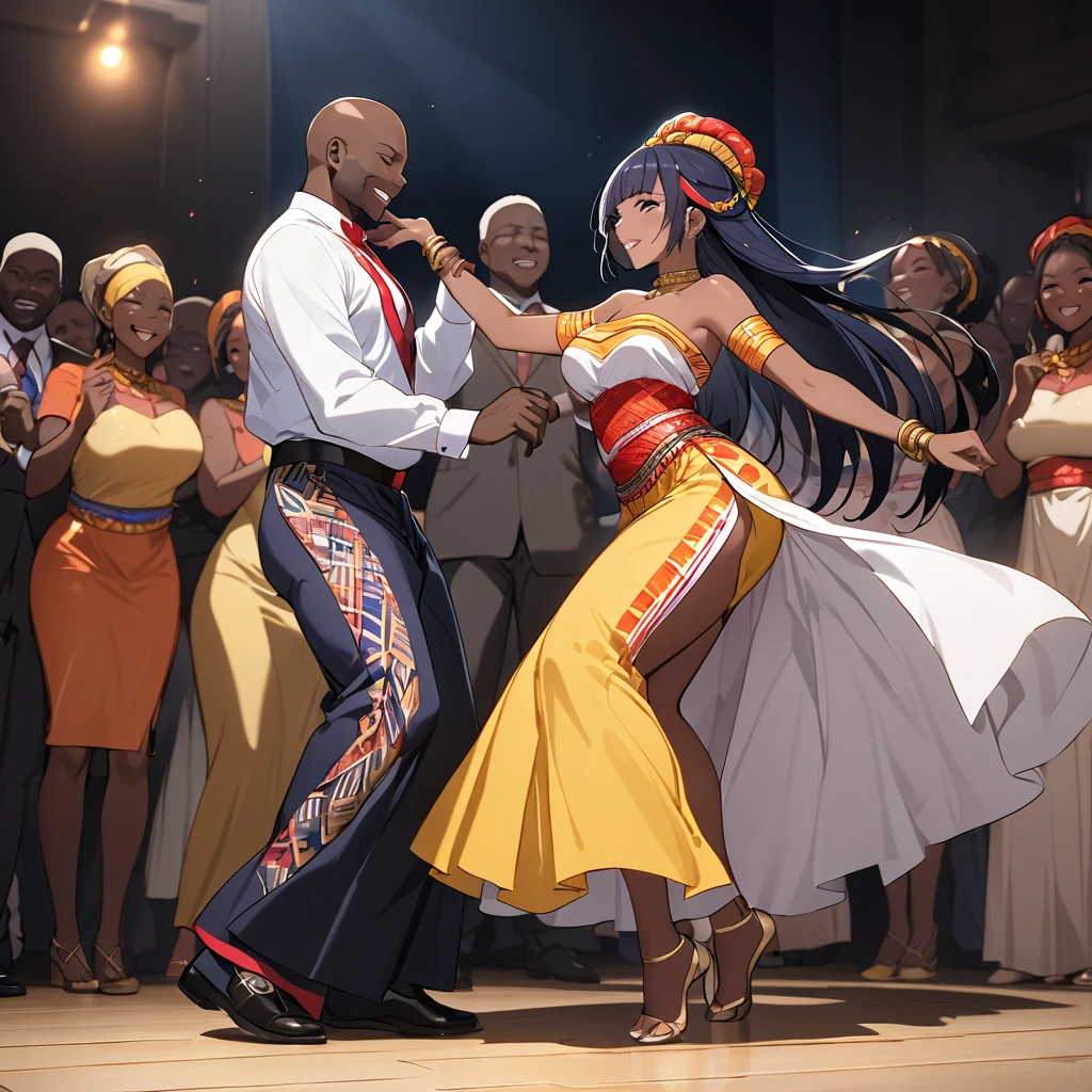 ((Highest quality)), ((masterpiece)), (detailed), (Perfect Face)、The woman is Reika Aoki, a Congolese woman with dark skin and medium-long hair.、A woman is wearing a Congolese costume and dancing the Congolese dance with a man.