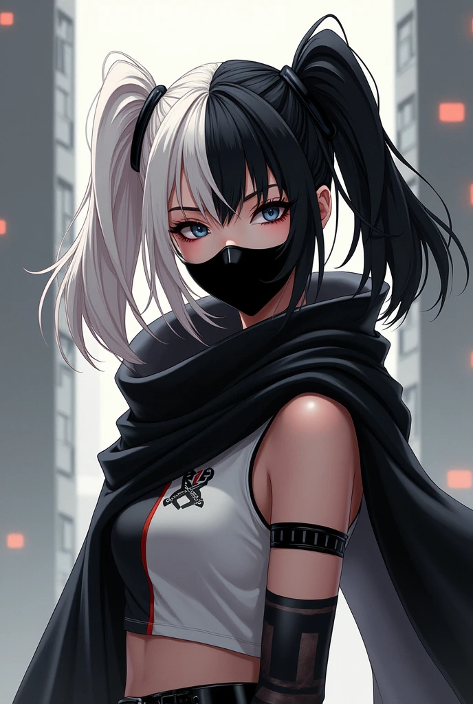 Create an anime style character similar to Harley Quinn with pigtails with one side of her hair black and the other side white with a black mask on her mouth and nose and a large black scarf and white clothes 