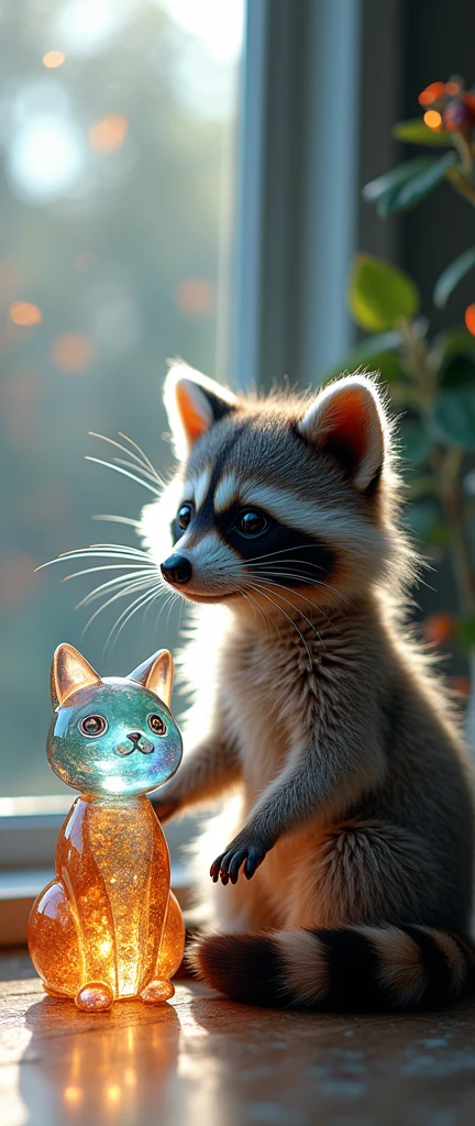 A photograph of a cute, extra fluffy baby raccoon with a mesmerizing expression and iridescent, luminescent silver fur. The raccoon is seated beside a crystal cat statue that reflects a kaleidoscope of colors from the sunlight streaming through a window. The broken glass effect adds a playful touch to the scene. The absence of a background highlights the raccoon's divine presence and impeccable beauty. The scene is further enhanced by volumetric light, auras, and rays that emit vibrant colors, creating a captivating and unforgettable masterpiece.