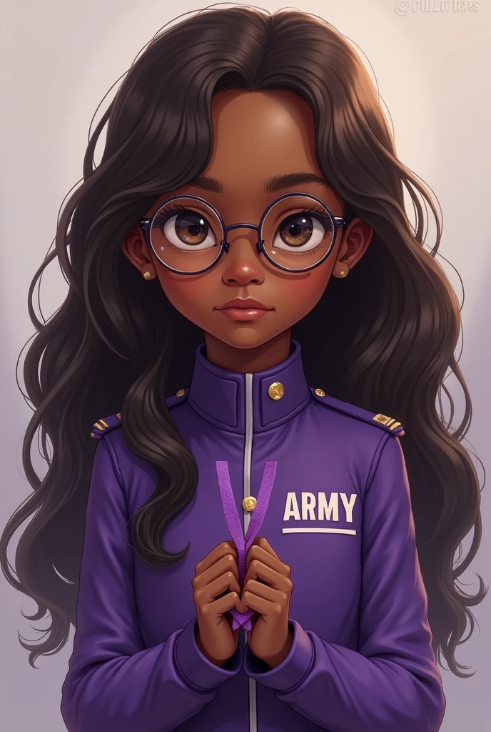 Dark-skinned girl with long brown hair and glasses wearing a purple jacket that says ARMY and holding a purple ribbon wrapped in her hands