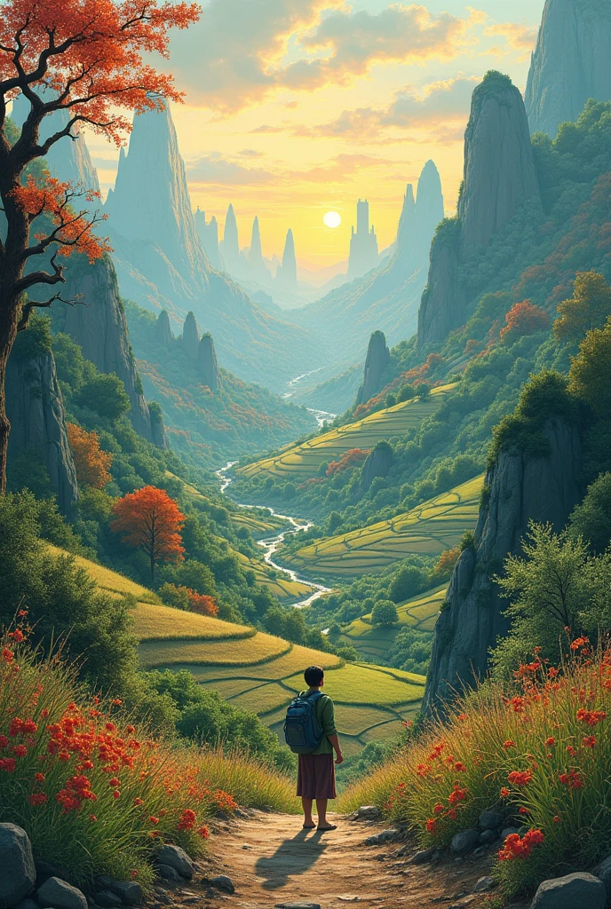 A drawing that has a piece of each landscape (rural urban natural)