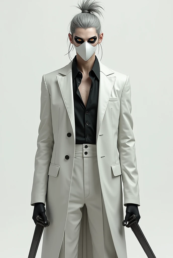a tall guy with golden eyes, black white in his eyes, gray hair and hair knocked into a bun in the center of his chest, a hole in the lower part of his face is a white mask, dressed in a white jacket and white trousers, there are blades on his hands