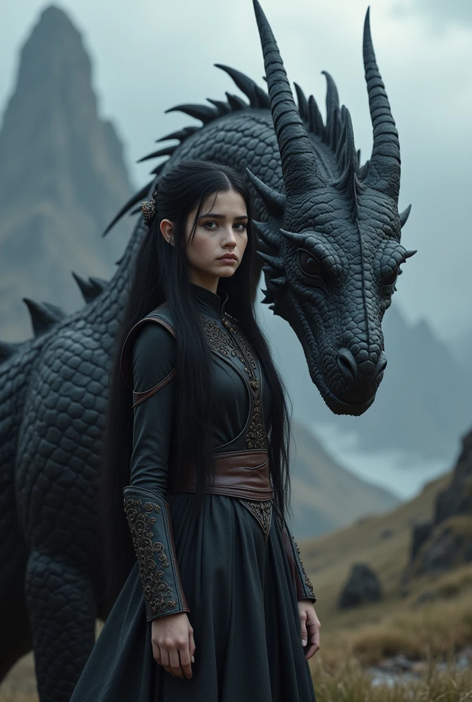 Create a real image of a girl with black eyes and black hair, with a dragon with the theme of game Of thrones
