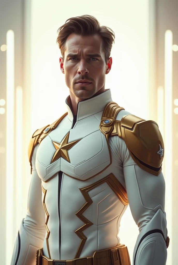 Captain america chris evens in full white and gold suit light background
