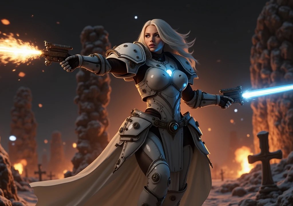 a beautiful woman with long platinum blonde hair, porcelain skin, ice blue eyes, sexy sisters of battle from the warhammer 40k, shooting at the enemy, frosty white space marine armor with intricate details and glowing religous symbols, sisters of battle, Adepta Sororitas, warhammer 40k, Massive silicone breast, pale skin, seductive, temptation, eat your soul, clevage, , standing in a magical winter wonderland with snow-covered trees and frozen lakes, intricate ice crystals and snowflakes surrounding her, (best quality,4k,8k,highres,masterpiece:1.2),ultra-detailed,(realistic,photorealistic,photo-realistic:1.37),fantasy,digital art,cinematic lighting, highly detailed armor, intricate futuristic weaponry, gritty and realistic, mecha, science fiction, hyper-detailed, photorealistic, award winning digital art, 8k, HDR, masters work, in the middle of a battle field, full body combat action pose, explosions and fire around, full war, charging, running forward, attacking, stunning, Stilleto heels, high heels, full body pose, cinematic, dust and debree, combat screams, attacking, shooting at the enemy, sisters of battle, Adepta Sororitas, warhammer 40kdramatic color palette,frozen landscape,ice powers,snow queen