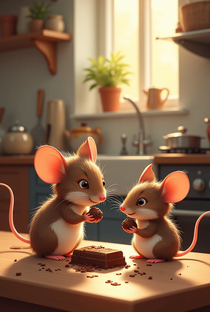 Two mice eating chocolate in the kitchen
