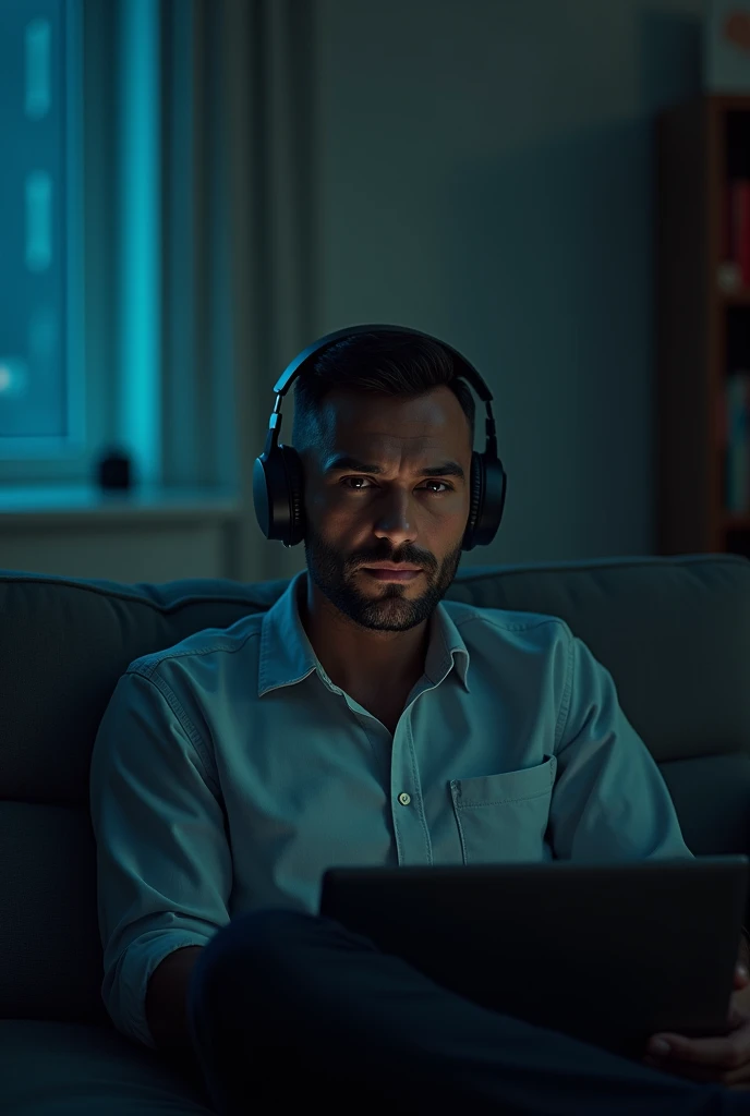 man sitting on his sofa, with headphones, looking to the camera, in a room with dark tones