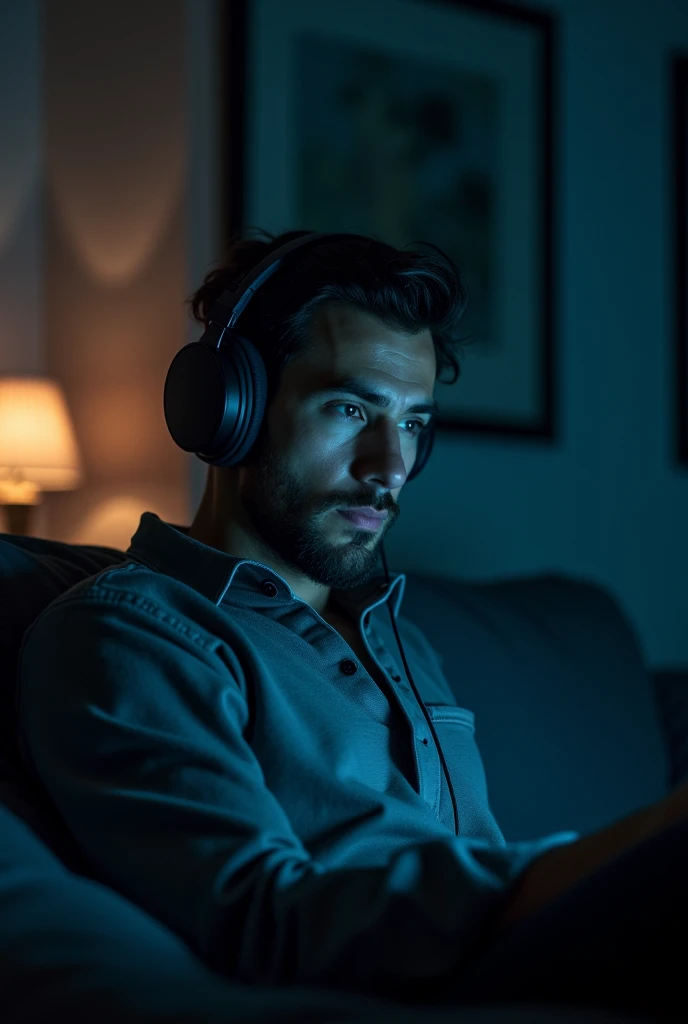 man sitting on his sofa, with headphones, looking to the camera, in a room with dark tones