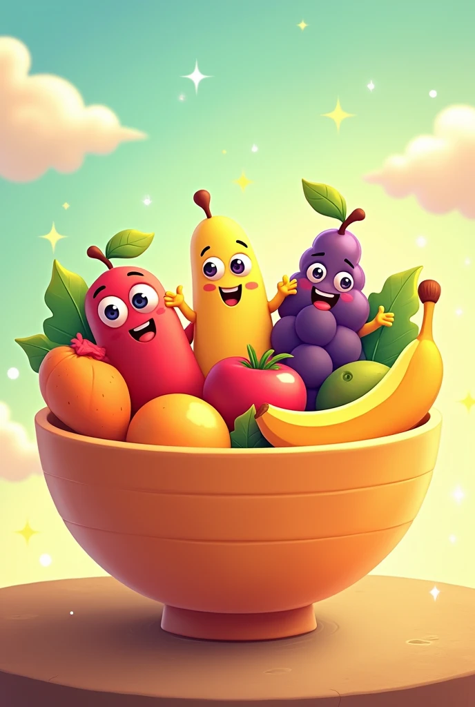 A playful and cheerful cartoon-style scene of a fruit salad in a large, round bowl, with exaggerated, cute, and colorful fruit characters. Each fruit, like a smiling red apple, a happy yellow banana, a cheerful orange, and giggling purple grapes, has big, expressive eyes and friendly faces. The fruits are shown holding hands or dancing together inside the bowl, celebrating their new form as a macedonia. The bowl sits on a simple table with a bright, colorful background featuring soft clouds, sunshine, and a few playful sparkles to enhance the magical and joyful atmosphere. The overall look is fun, lively, and perfect for young children, with a focus on friendship, cooperation, and happiness.