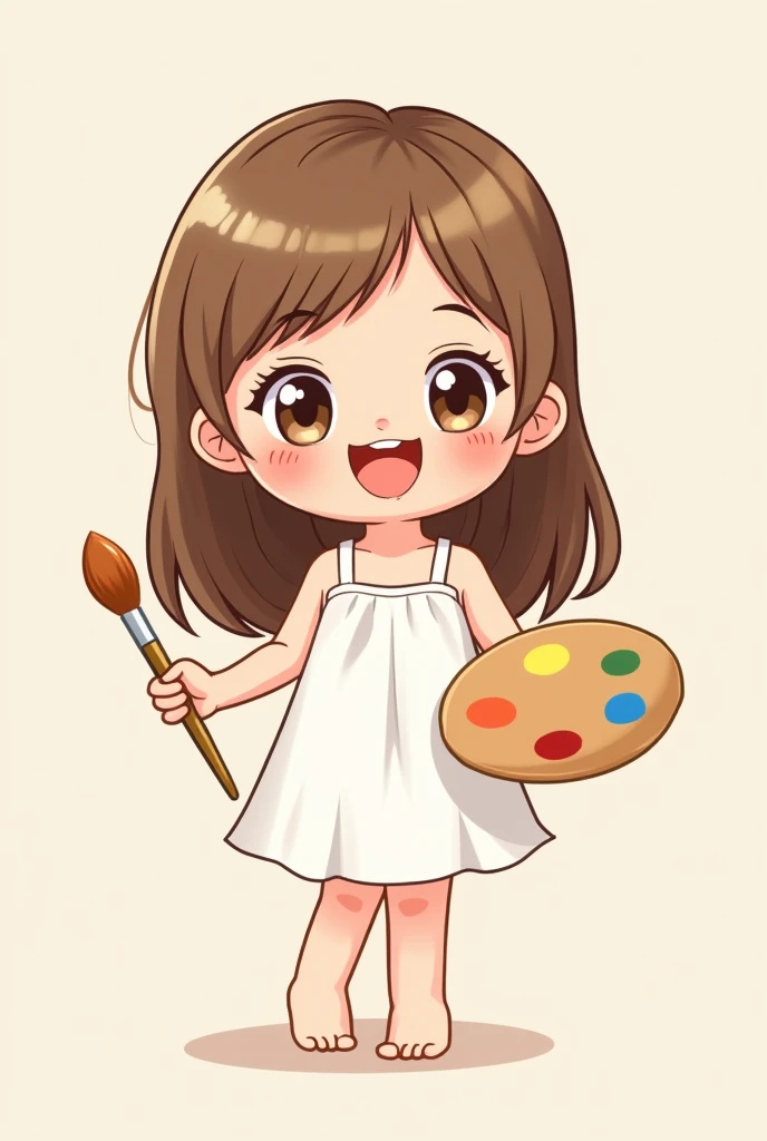 Create a cartoon mascot, child with long straight hair, and short bangs, light brown eyes and I want her to be holding a brush and a paint palette in her hands, withe dress