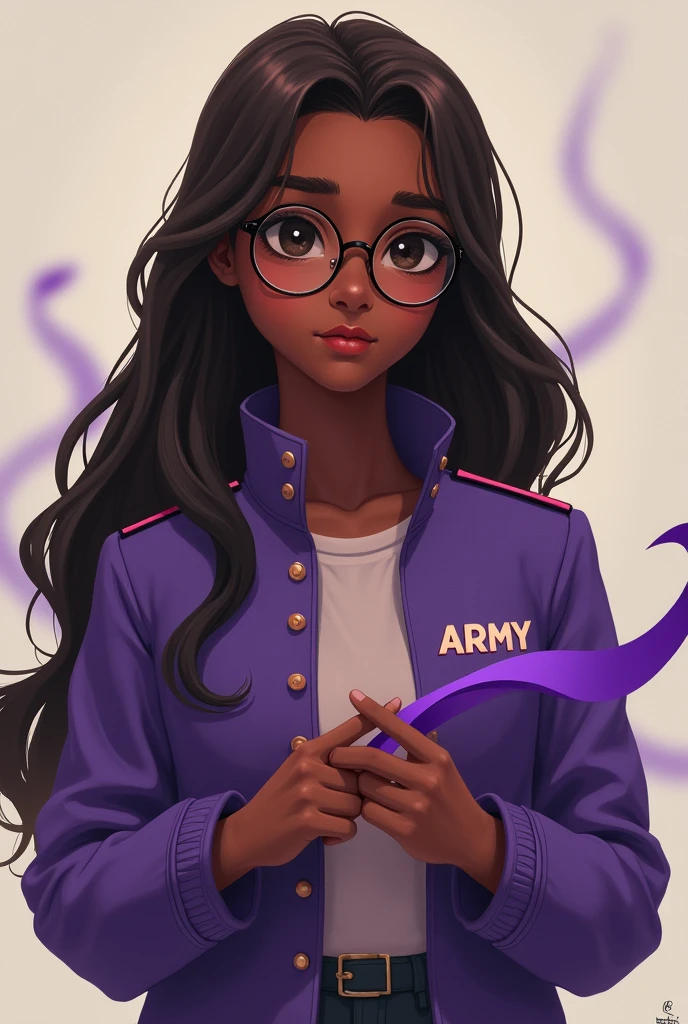 Dark-skinned girl with long brown hair and glasses wearing a purple jacket that says ARMY and holding a purple ribbon wrapped in her hands