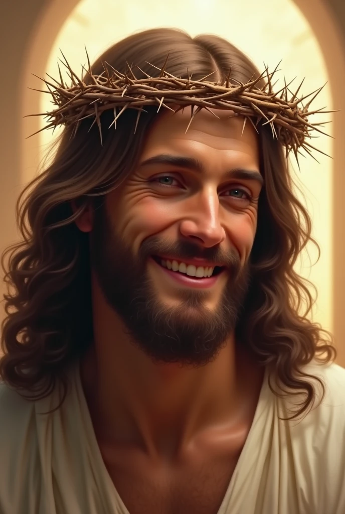 A detailed, realistic image of Jesus Christ smiling warmly while wearing a crown of thorns. Despite the crown, his expression is peaceful and full of compassion, conveying a sense of divine love and forgiveness. His eyes are gentle, and his long, wavy hair falls over his shoulders. The crown of thorns is depicted with intricate detail, but it does not detract from the kindness in his expression. The background is soft and serene, with a warm light surrounding him, emphasizing the sacred and hopeful mood of the scene.