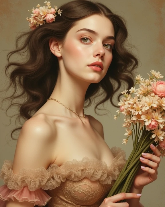 Draw a portrait of a young slim princess in Victorian style, with a sleek hairstyle and detailed strapless dress. She must be holding a bouquet of delicate flowers, with a serene and graceful expression. The image should capture the essence of a delicate female figure, but which exudes a powerful and dignified presence.