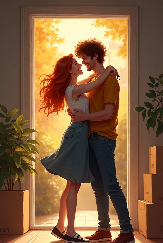 young couple with new house, hugging, excited, celebrating, ginger girl, brown curly hair boy