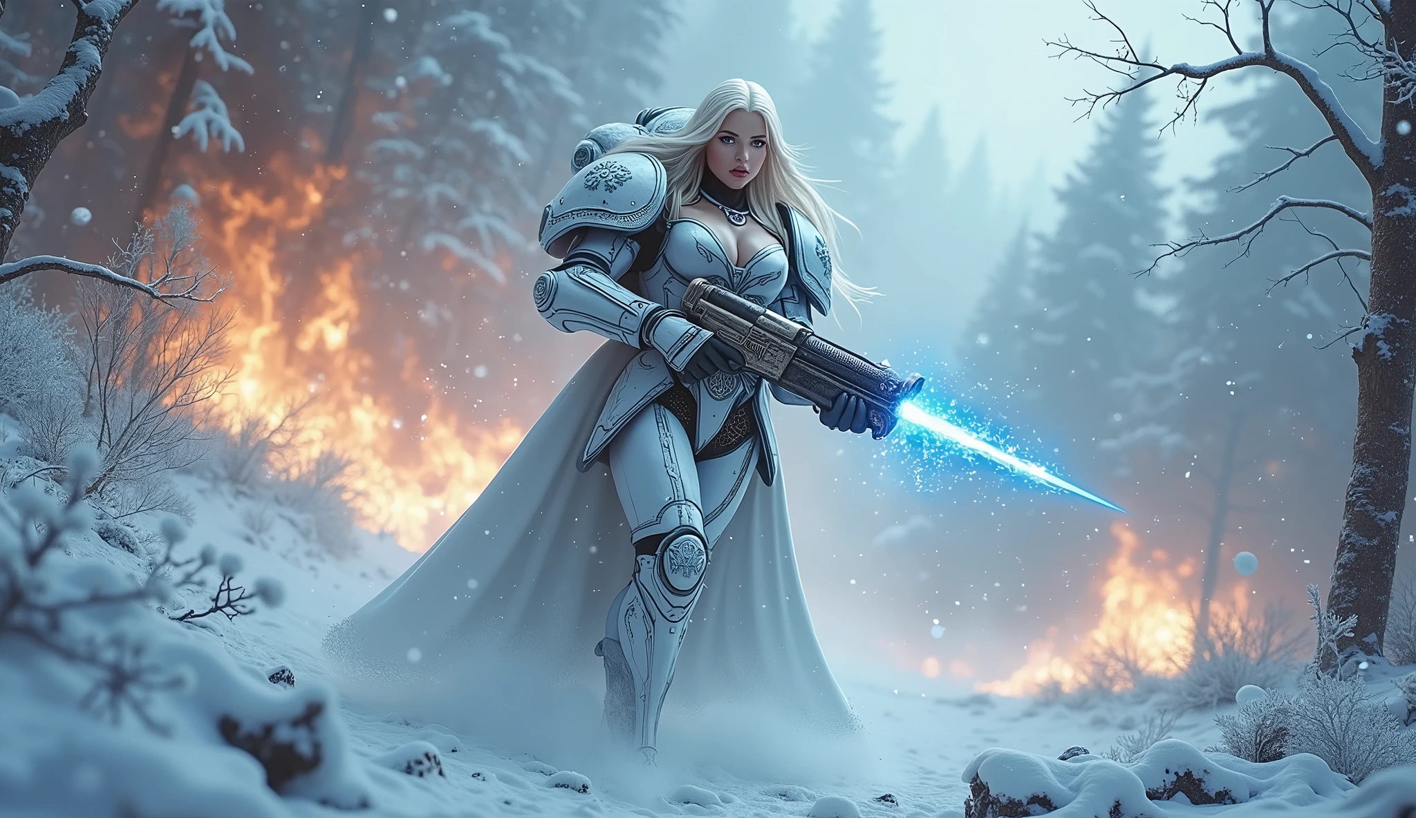a beautiful woman with long platinum blonde hair, porcelain skin, ice blue eyes, sexy sisters of battle from the warhammer 40k, shooting at the enemy, frosty white space marine armor with intricate details and glowing religous symbols, sisters of battle, Adepta Sororitas, warhammer 40k, Massive silicone breast, pale skin, seductive, temptation, eat your soul, clevage, , standing in a magical winter wonderland with snow-covered trees and frozen lakes, intricate ice crystals and snowflakes surrounding her, (best quality,4k,8k,highres,masterpiece:1.2),ultra-detailed,(realistic,photorealistic,photo-realistic:1.37),fantasy,digital art,cinematic lighting, highly detailed armor, intricate futuristic weaponry, gritty and realistic, mecha, science fiction, hyper-detailed, photorealistic, award winning digital art, 8k, HDR, masters work, in the middle of a battle field, full body combat action pose, explosions and fire around, full war, charging, running forward, attacking, stunning, Stilleto heels, high heels, full body pose, cinematic, dust and debree, combat screams, attacking, shooting at the enemy, sisters of battle, Adepta Sororitas, warhammer 40kdramatic color palette,frozen landscape,ice powers,snow queen