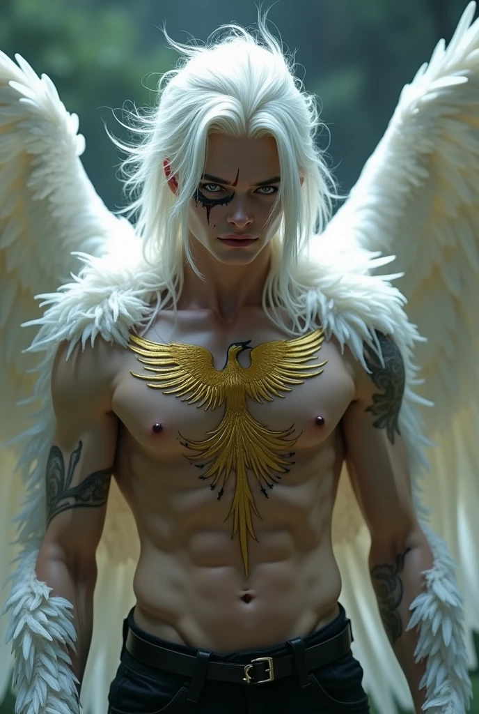 Half-man phoenix, medium white hair, yellow eyes, scar on left eye, white feathers, Slim body with muscles, white wings, menacing face, golden bird tattoo with black details on chest, black pants, 8k quality.