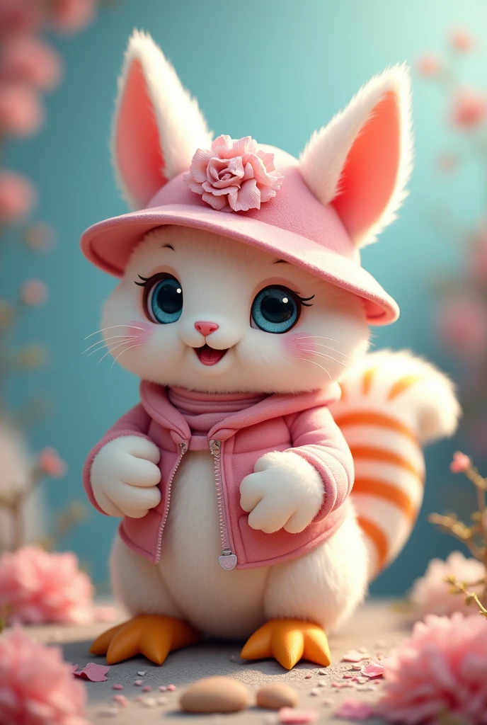 Cute animal with cat head, a nice hat, duck feet, cotton candy body, bunny ears and hands, skunk tail, nice clothing