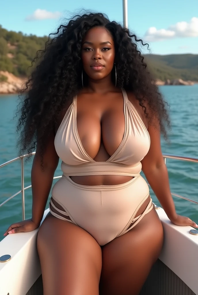 black girl, big boobs, curvy girl, long culry hair, wide hips, curvy body, wearing Women’s Sexy Sleeveless One Piece Jumpsuit-Summer Cut Out Bodycon Rompers Clubwear Y2k Streetwear, on the boat