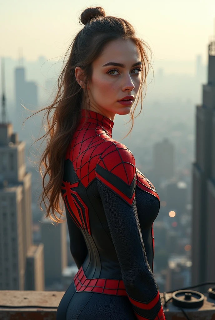 (1girl:1.3), Solo, (((Very detailed face)))), ((Very detailed eyes and face)))), Beautiful detail eyes, Body parts__, Official art, Unified 8k wallpaper, Super detailed, beautiful and beautiful, beautiful, masterpiece, best quality, original, masterpiece, super fine photo, best quality, super high resolution, realistic realism, sunlight, full body portrait, amazing beauty, dynamic pose, delicate face, vibrant eyes, (from the front), She wears Spider-Man suit, red and black color scheme, spider, very detailed city roof background, rooftop, overlooking the city, detailed face, detailed complex busy background, messy, gorgeous, milky white, highly detailed skin, realistic skin details, visible pores, clear focus, volumetric fog, 8k uhd, DSLR, high quality, film grain, fair skin, photo realism, lomography, futuristic dystopian megalopolis, translucent