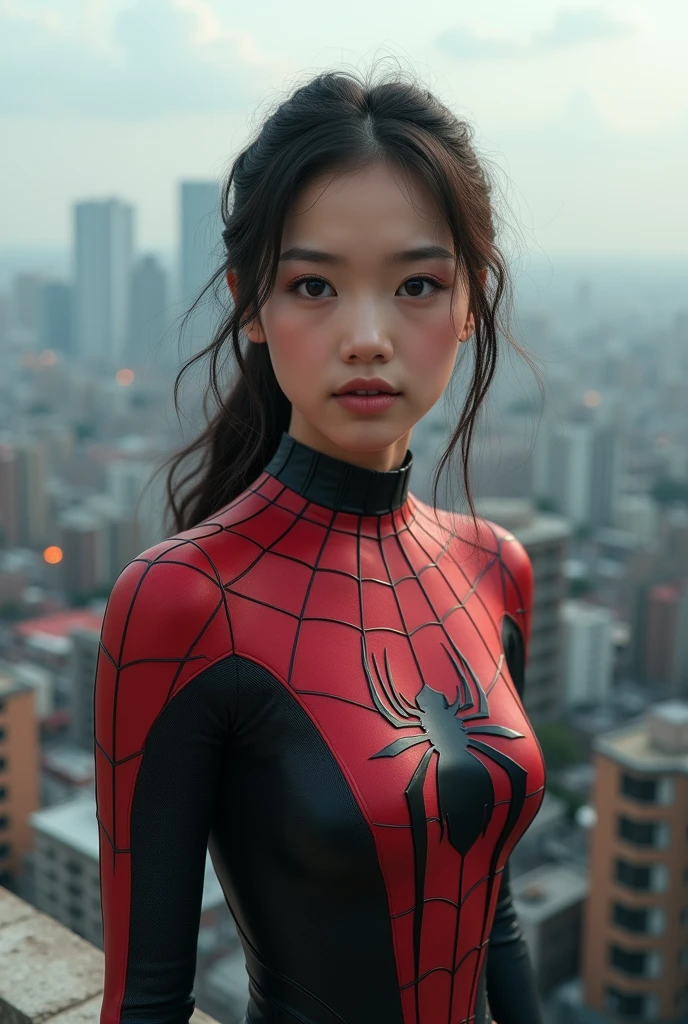 (1girl:1.3), Solo, (((Very detailed face)))), ((Very detailed eyes and face)))), Beautiful detail eyes, Body parts__, Official art, Unified 8k wallpaper, Super detailed, beautiful and beautiful, beautiful, masterpiece, best quality, original, masterpiece, super fine photo, best quality, super high resolution, realistic realism, sunlight, full body portrait, amazing beauty, dynamic pose, delicate face, vibrant eyes, (from the front), She wears Spider-Man suit, red and black color scheme, spider, very detailed city roof background, rooftop, overlooking the city, detailed face, detailed complex busy background, messy, gorgeous, milky white, highly detailed skin, realistic skin details, visible pores, clear focus, volumetric fog, 8k uhd, DSLR, high quality, film grain, fair skin, photo realism, lomography, futuristic dystopian megalopolis, translucent