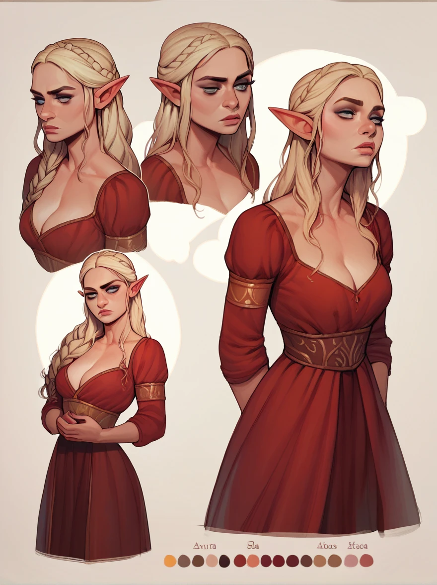 score_9, score_8_up,score_7_up, score_6_up, score_5_up, score_4_up, woman, best quality, highres, character sheet, solo, beautiful, makeup, soft lips, daenerys (bored), large cleavage, beautiful red dress, (((simple background))), thin elf ears, head up