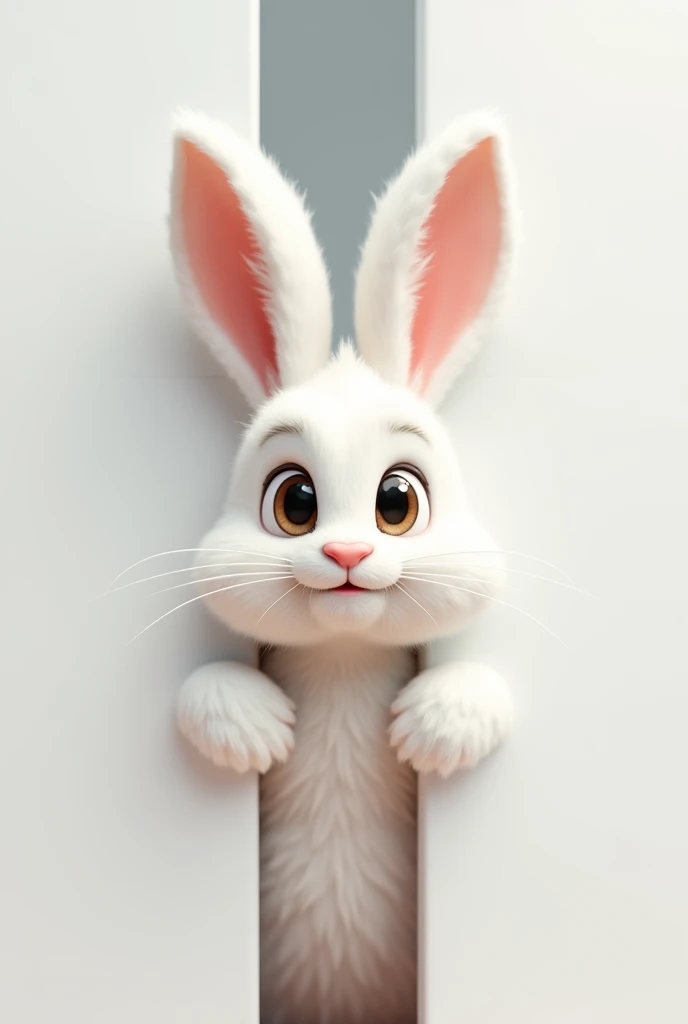 half of the body of a white rabbit coming out from behind a wall, facing us, 3d rendering, pixar style, (detailed digital art), stylized 3d rendering, c4d, (full height), high quality, composition, artwork raw, art station, solid white plain background