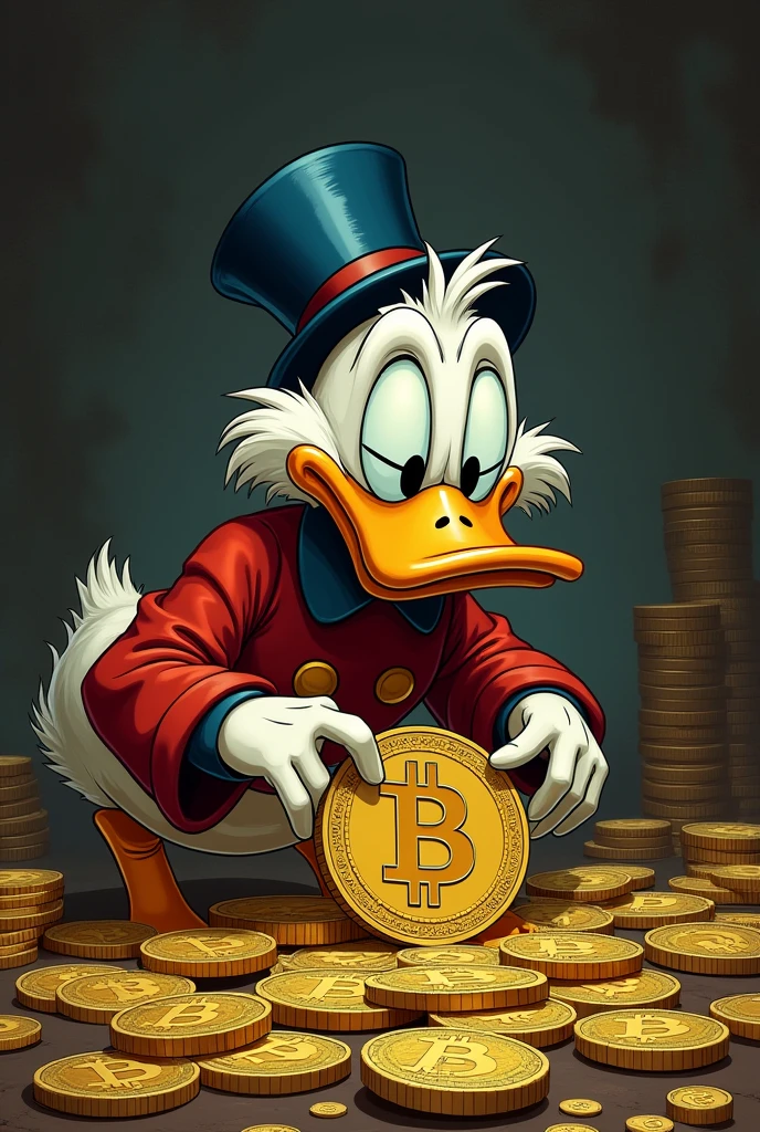 Uncle Scrooge Disney character, several bitcoin coins and he counting many, different scenarios, dark in the background
