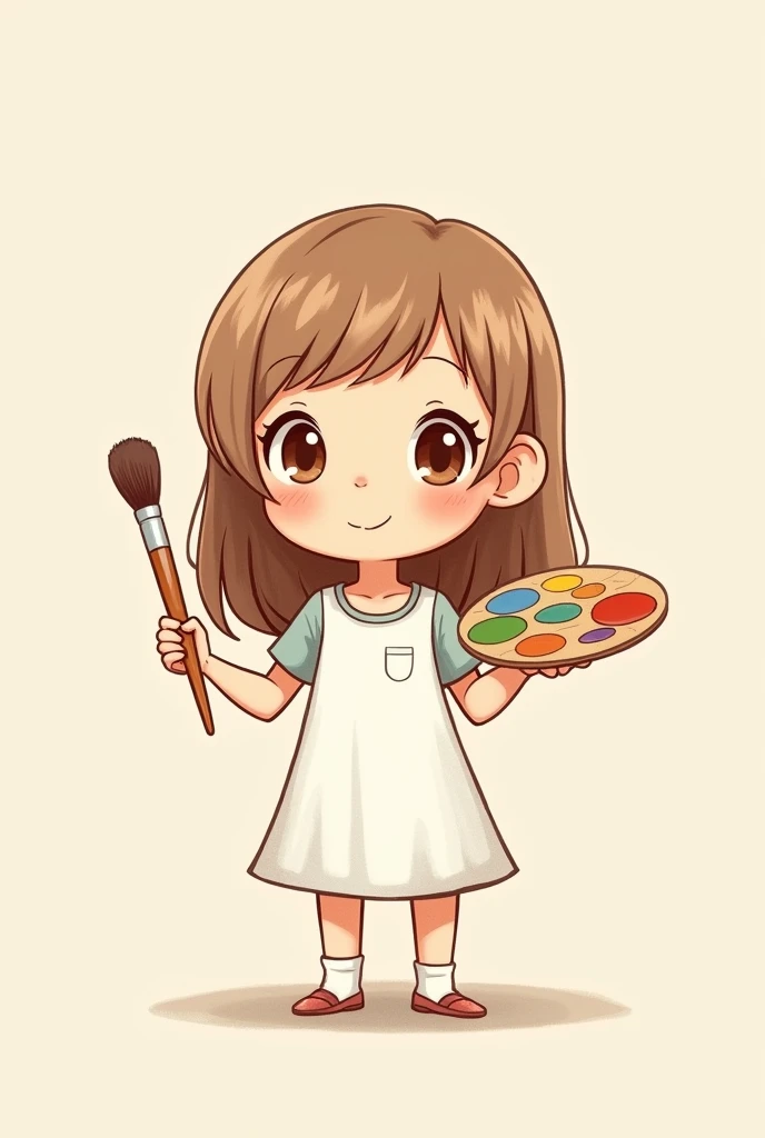 Create a cartoon mascot, child with long straight hair, and short bangs, light brown eyes and I want her to be holding a brush and a paint palette in her hands, withe dress