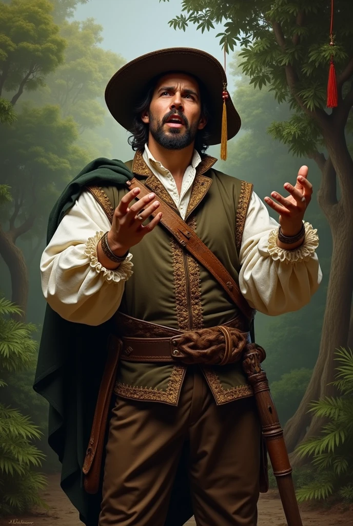 a person dressed in clothes from the time of the discovery of Brazil telling a story