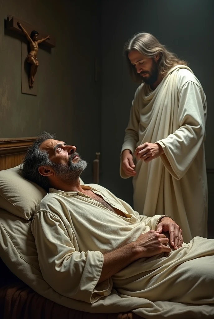 Can you visualize an image for a job?, of a peasant and Jesus at his bedside while the peasant is sick and invisible Jesus at his side watching him. 

