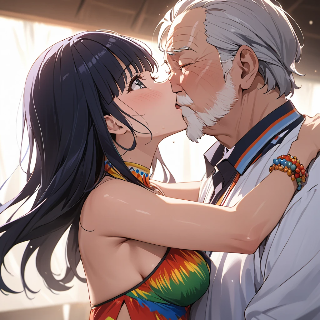 ((Highest quality)), ((masterpiece)), (detailed), （Perfect Face）、The woman is Reika Aoki with semi-long hair、A woman is in a South American salsa costume, kissing and dancing passionately with an old man, and the man proposes to her.