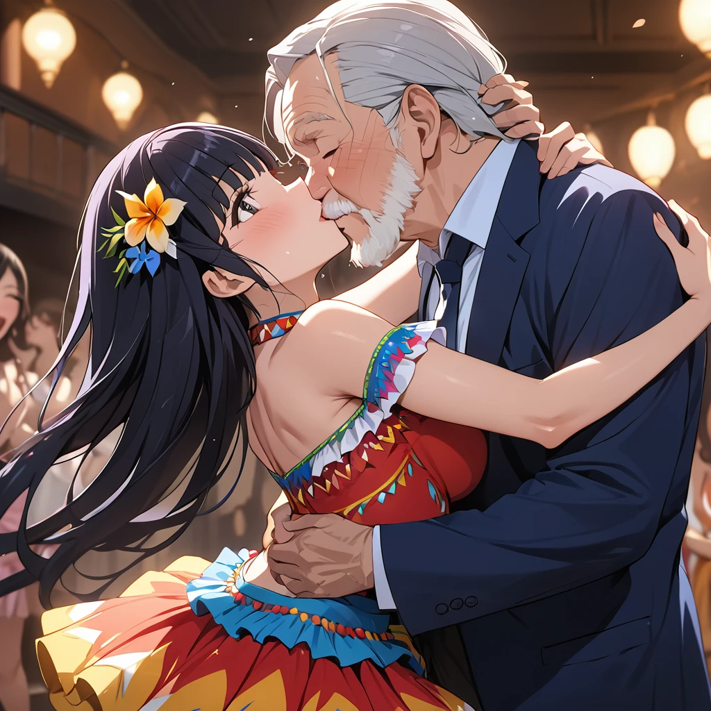 ((Highest quality)), ((masterpiece)), (detailed), (Perfect Face)、The woman is Reika Aoki with semi-long hair、A woman is in a South American salsa costume, kissing and dancing passionately with an old man, and the man proposes to her.