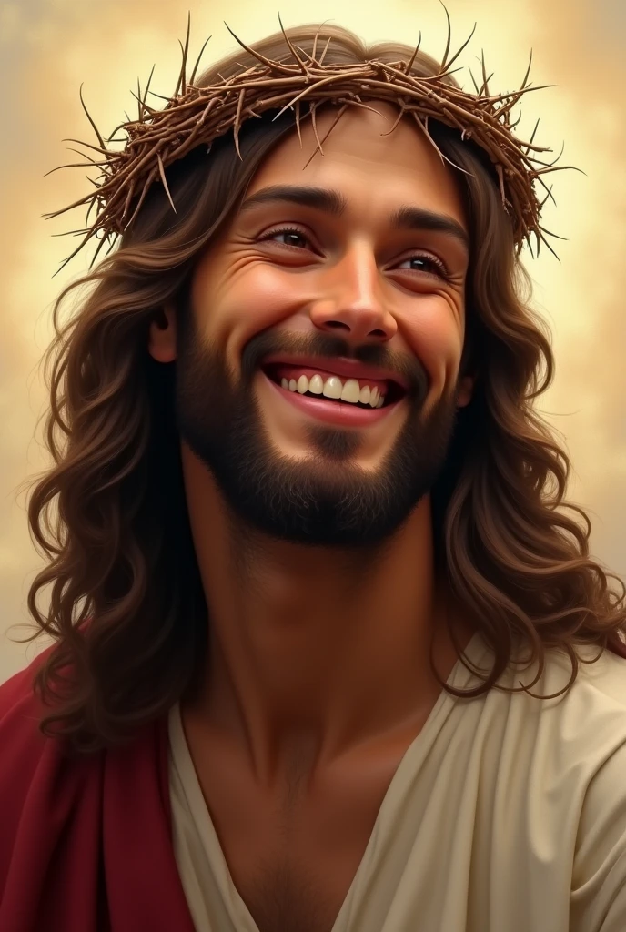 A detailed, realistic image of Jesus Christ smiling warmly while wearing a crown of thorns. Despite the crown, his expression is peaceful and full of compassion, conveying a sense of divine love and forgiveness. His eyes are gentle, and his long, wavy hair falls over his shoulders. The crown of thorns is depicted with intricate detail, but it does not detract from the kindness in his expression. The background is soft and serene, with a warm light surrounding him, emphasizing the sacred and hopeful mood of the scene.