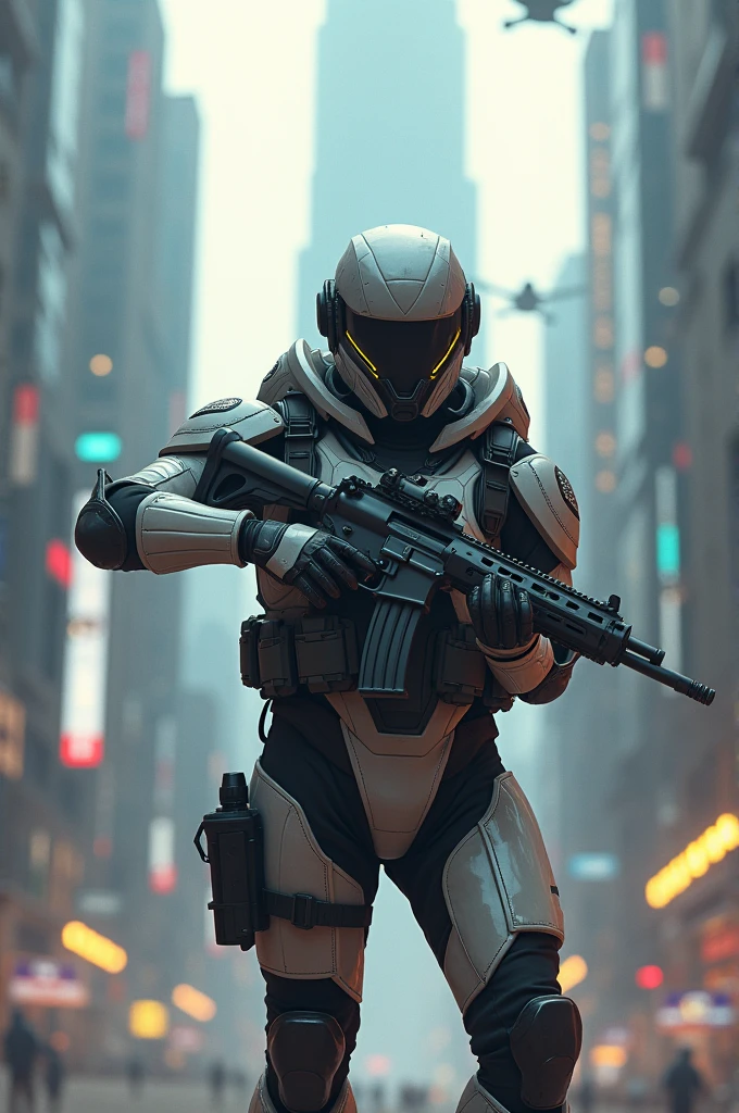 Futuristic soldier in funny pose 