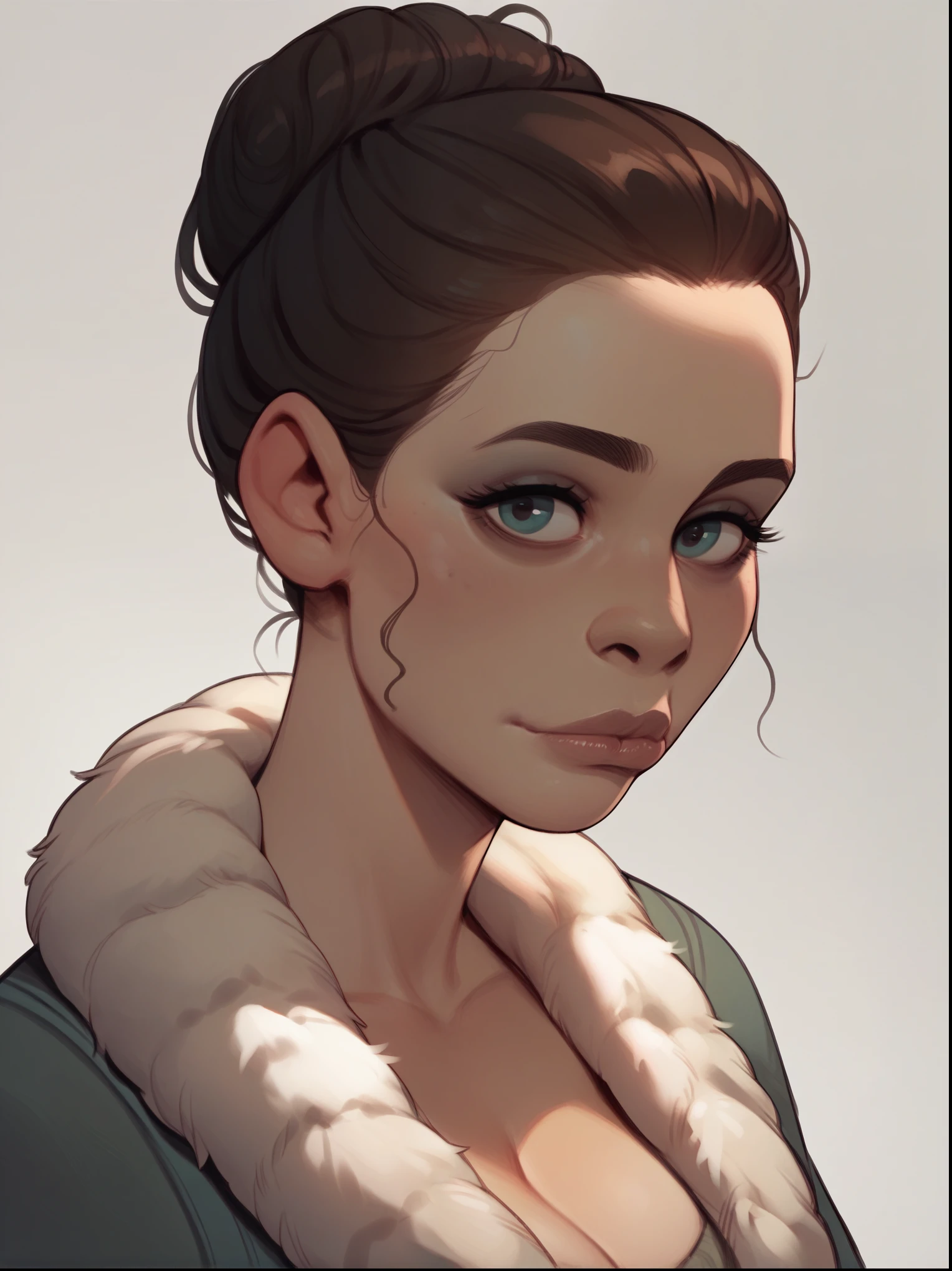 score_9, score_8_up,score_7_up, score_6_up, score_5_up, score_4_up, woman, best quality, highres, portrait, solo, beautiful, makeup, soft lips, (Arya Stark), dark hair, large cleavage, beautiful fur winter dress, (((simple background)))