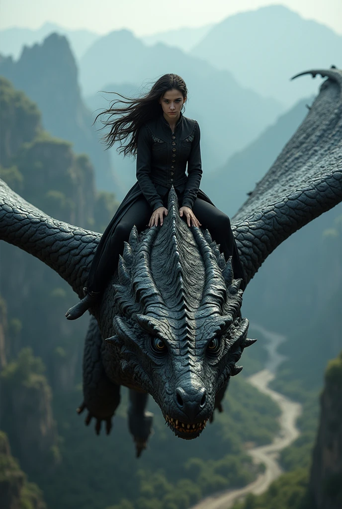 Create a real image of a black-eyed, black-haired girl riding a dragon, with the theme of game Of thrones