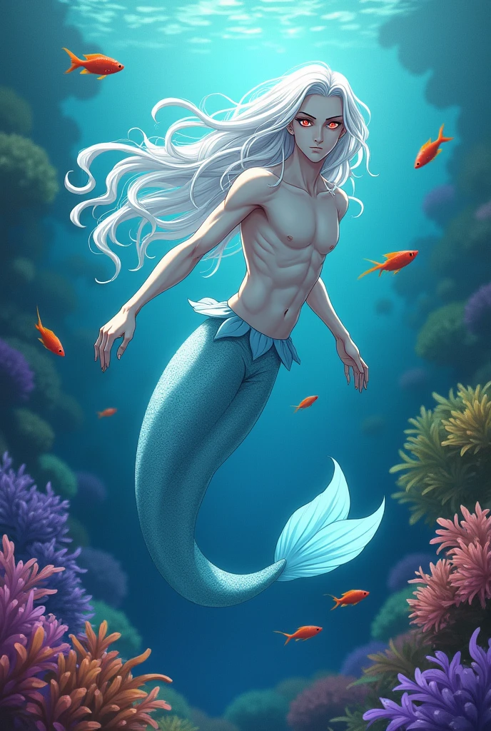 Anime style An underwater merman with long white hair, blue scales, red eyes, pale skin, swimming on the sea floor, algae in different colors and purple yellow fish
