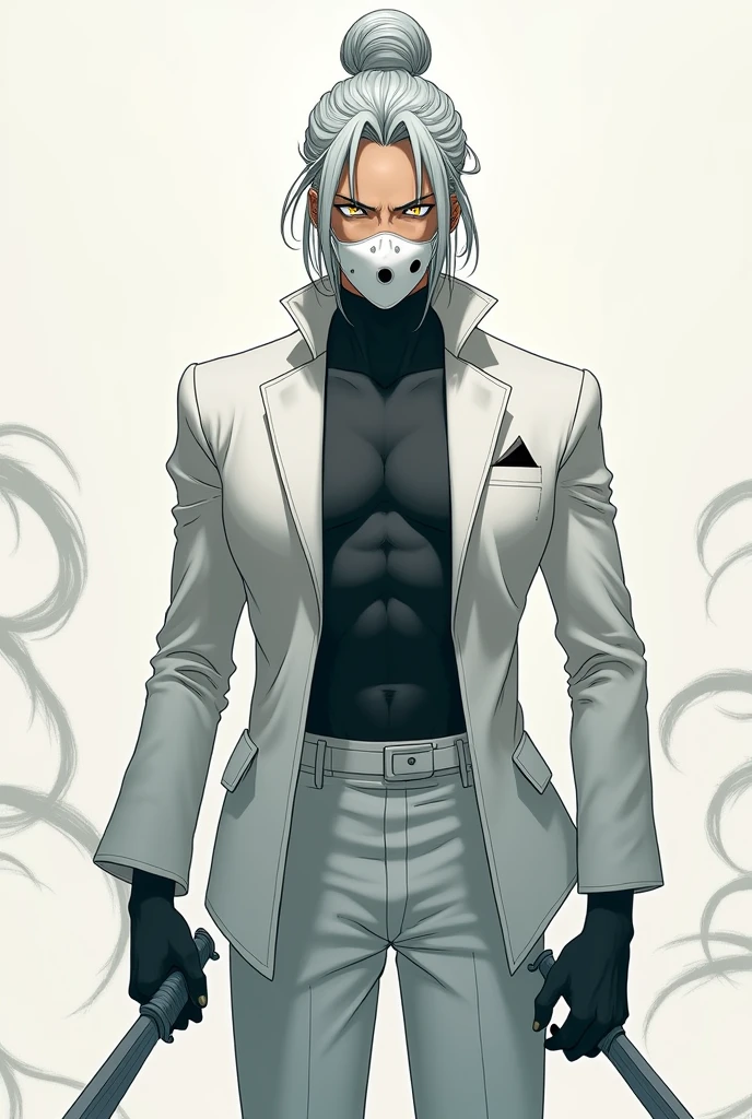 (anime:1.2) a tall guy with golden eyes, black white in his eyes, gray hair and hair knocked into a bun in the center of his chest, a hole in the lower part of his face is a white mask, dressed in a white jacket and white trousers, there are blades on his hands