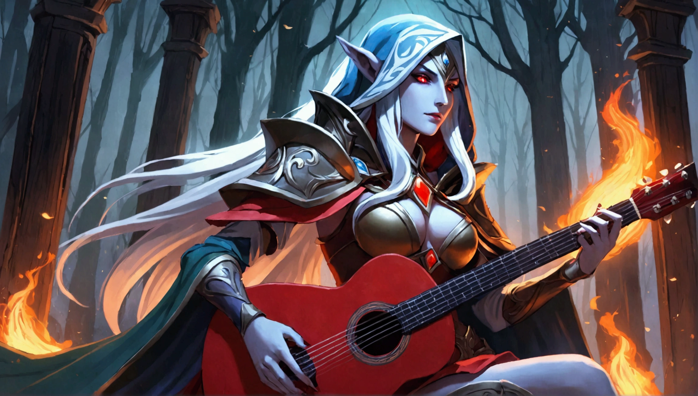 Sylvanas Windrunner, the legendary leader of the Forsaken, sits on a dark wooden throne, surrounded by an aura of mystery and magic. In her hands, she holds a vibrant red guitar, its strings seemingly pulsing with unearthly energy. Her eyes, burning with an otherworldly intensity, stare directly at the viewer, as if daring them to come closer. Her long, white hair falls over her shoulders, framing her pale, ethereal face. Her lips, painted a deep red, curve in an enigmatic smile, as if guarding secrets known only to her. The guitar, which appears to have been created by magical hands, emits an intense red light that illuminates the environment around it. The strings vibrate with an energy that seems almost palpable, as if they are alive and responding to Sylvanas’ touch. In the background, a dark and mysterious mist spreads, as if the night itself is closing in around Sylvanas. The atmosphere is charged with tension and anticipation, as if something is about to happen.

The image is a mix of shadows and light, of mystery and magic, capturing the essence of Sylvanas Windrunner as an enigmatic and powerful creature.