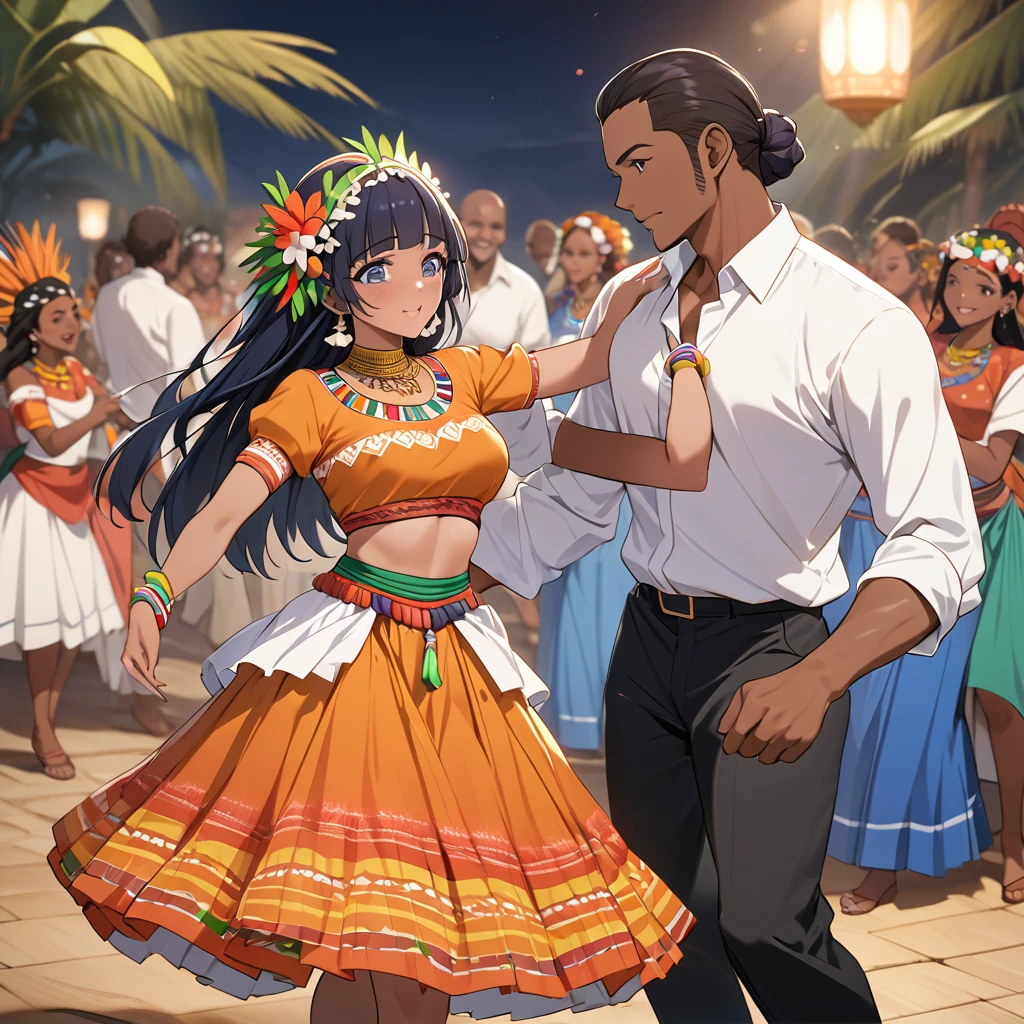 ((Highest quality)), ((masterpiece)), (detailed), (Perfect Face)、The woman is Reika Aoki, a black-skinned African with medium-long hair.、A woman is wearing a costume of the Mauritian folk dance Sega dance in Mauritius, Africa, has a hairstyle of a Mauritian woman, and is dancing the Mauritian folk dance Sega dance with a man.